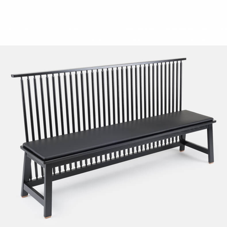 Bench with Back van Studioilse in zwart gebeitst essenhout met optionele leather seat pad