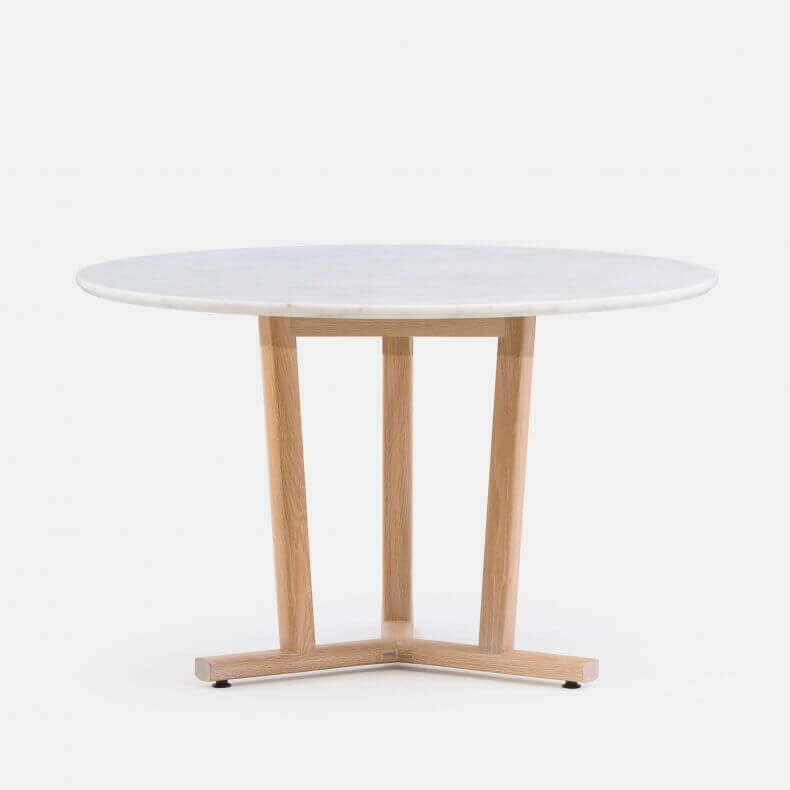 SHAKER ROUND TABLE SHOWN IN WHITE OILED OAK AND CARRARA MARBLE