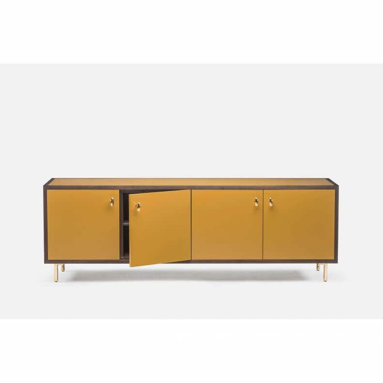 CLASSON SIDEBOARD 4 DOOR SHOWN IN BLACK OILED WALNUT AND OCHRE PAINTED HDF WITH A GLOSS FINISH
