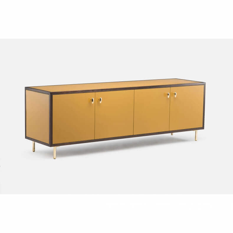 CLASSON SIDEBOARD 4 DOOR SHOWN IN BLACK OILED WALNUT AND OCHRE PAINTED HDF WITH A GLOSS FINISH