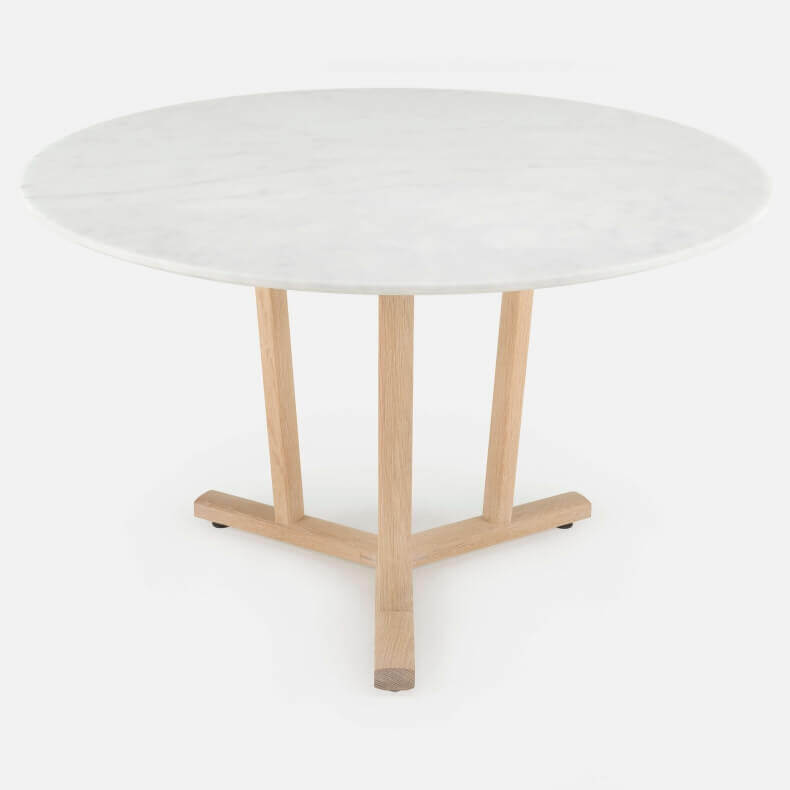 SHAKER ROUND TABLE SHOWN IN WHITE OILED OAK AND CARRARA MARBLE