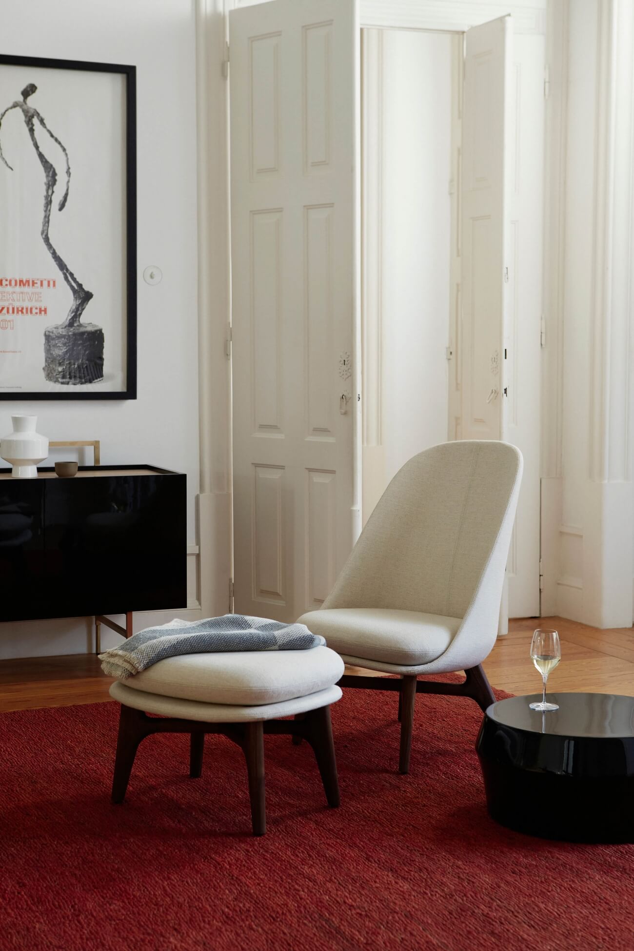 Solo Lounge Chair, Solo ottoman and Zhuzi Table designed by Neri&Hu and manufactured by De La Espada