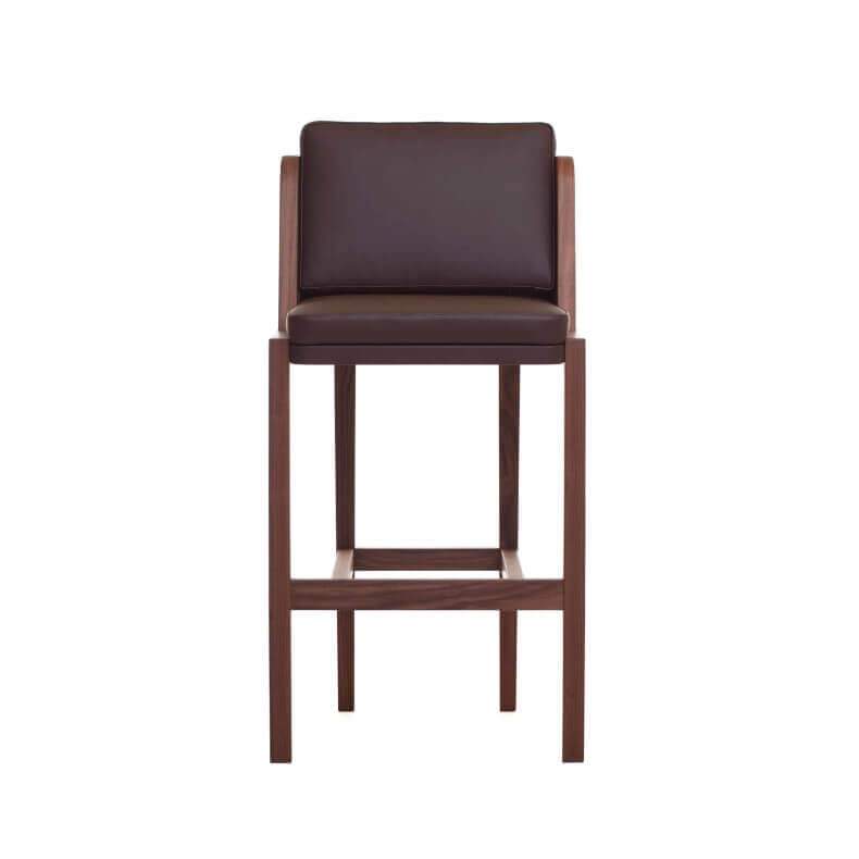 THRONE BAR STOOL WITH UPHHOLSTERY SHOWN IN DANISH OILED WALNUT AND LEATHER