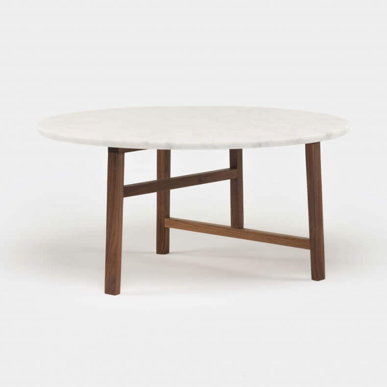 TRIO ROUND COFFEE TABLE SHOWN IN DANISH OILED WALNUT WITH CARRARA MARBLE TOP