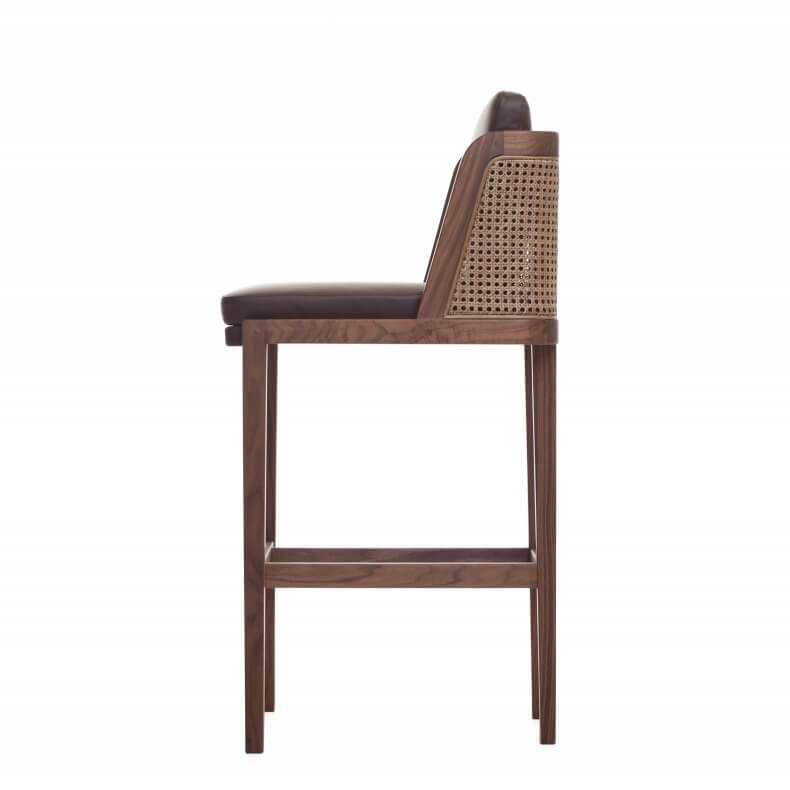 THRONE BAR STOOL WITH RATTAN SHOWN IN DANISH OILED WALNUT AND LEATHER