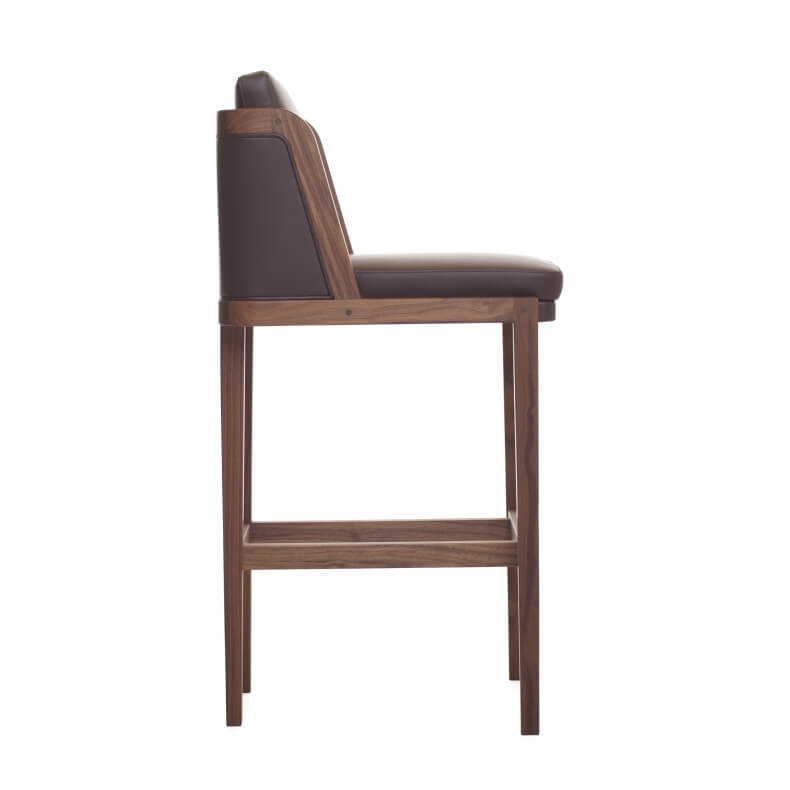 THRONE BREAKFAST BAR STOOL SHOWN IN DANISH OILED WALNUT AND LEATHER