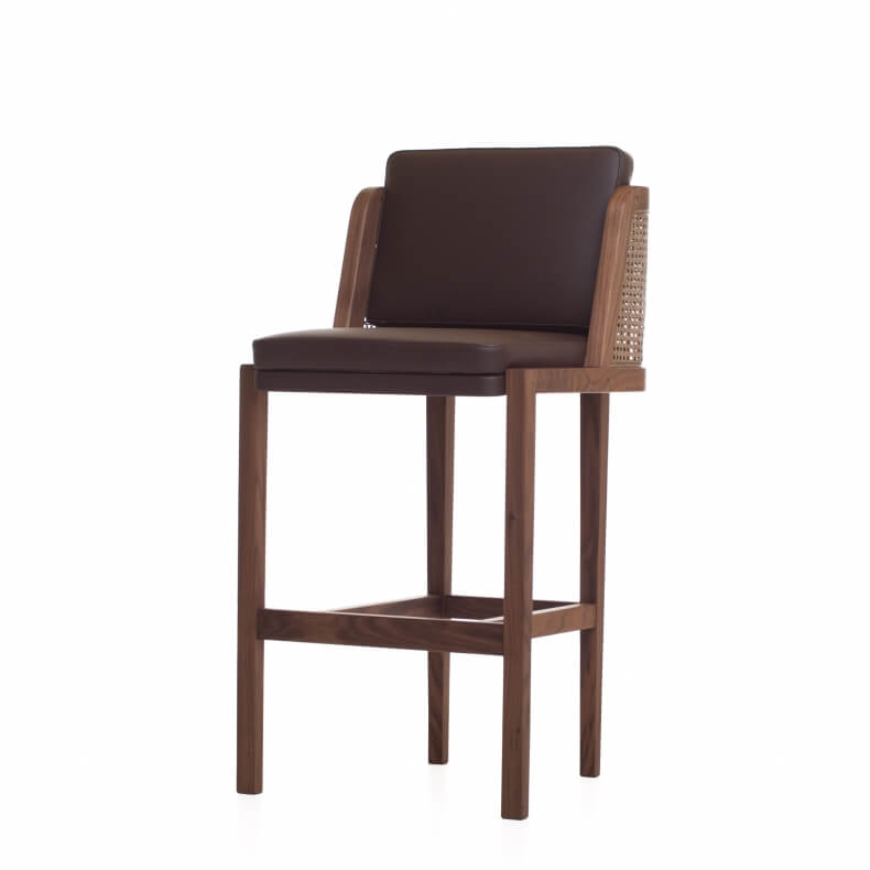 THRONE BAR STOOL WITH RATTAN SHOWN IN DANISH OILED WALNUT AND LEATHER