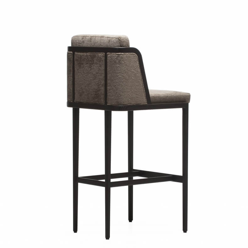 THRONE BAR STOOL WITH UPHHOLSTERY SHOWN IN BROWN PAINTED ASH AND FABRIC
