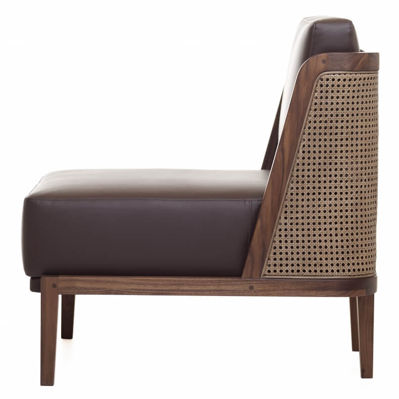 THRONE LOUNGE CHAIR WITH RATTAN SHOWN IN DANISH OILED WALNUT AND LEATHER