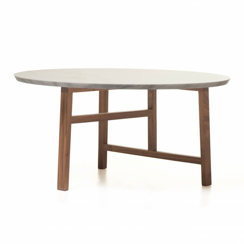 TRIO ROUND COFFEE TABLE SHOWN IN DANISH OILED WALNUT WITH CARRARA MARBLE TOP