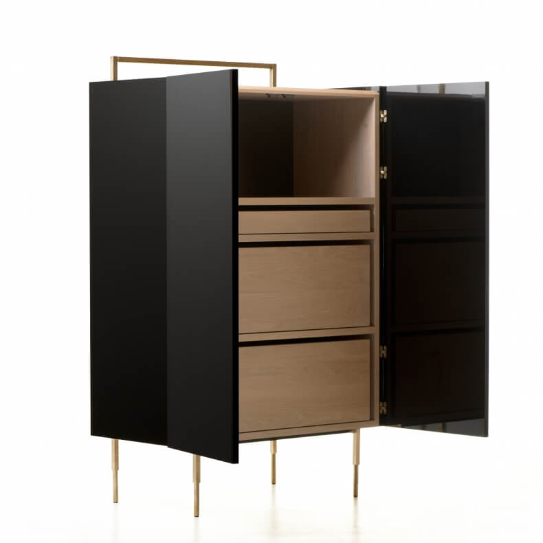 TRUNK TALL CABINET SHOWN IN BLACK LACQUER AND WHITE OILED OAK